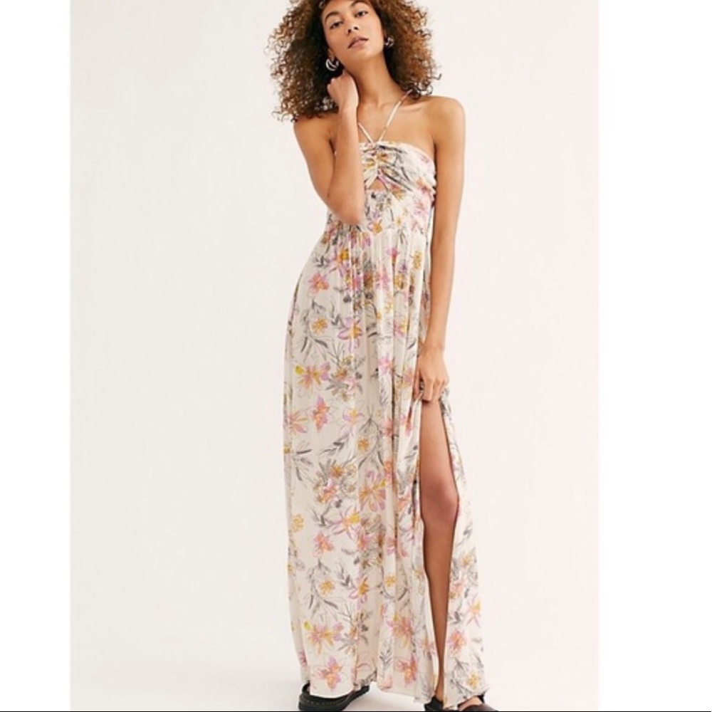 Free People ivory ruched floral strapless maxi dress